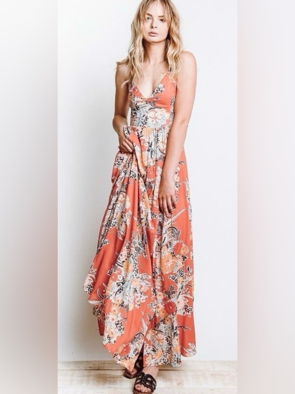 FP Intimately Through the Vine Floral Coral Floral Maxi Dress